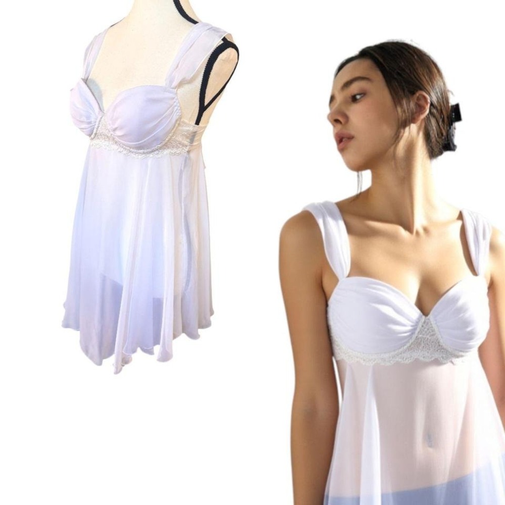 90'S‎ Y2K VINTAGE WHITE CHIFFON FAIRY BABY DOLL BLOUSE CAMI MINI DRESS MEDIUM - Picture 3 of 5